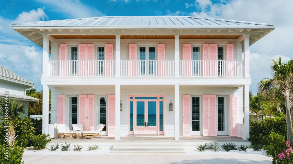Chic beach house with pastel pink shutters on windows, adding a fun and playful touch Chic beach house with pastel pink shutters on windows, adding a fun and playful touch