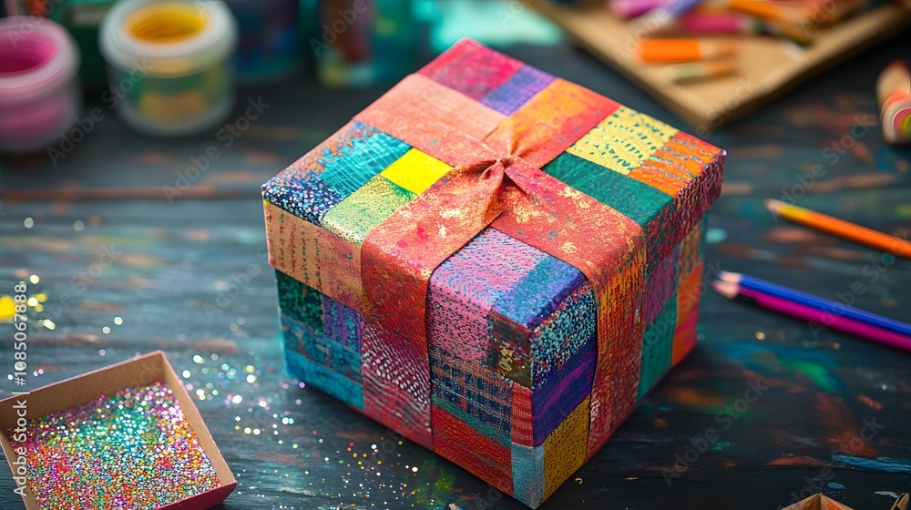 Fototapeta premium Colorful Gift Box Wrapped in Vibrant Ribbon Surrounded by Art Supplies and Crafting Materials on a Wooden Table