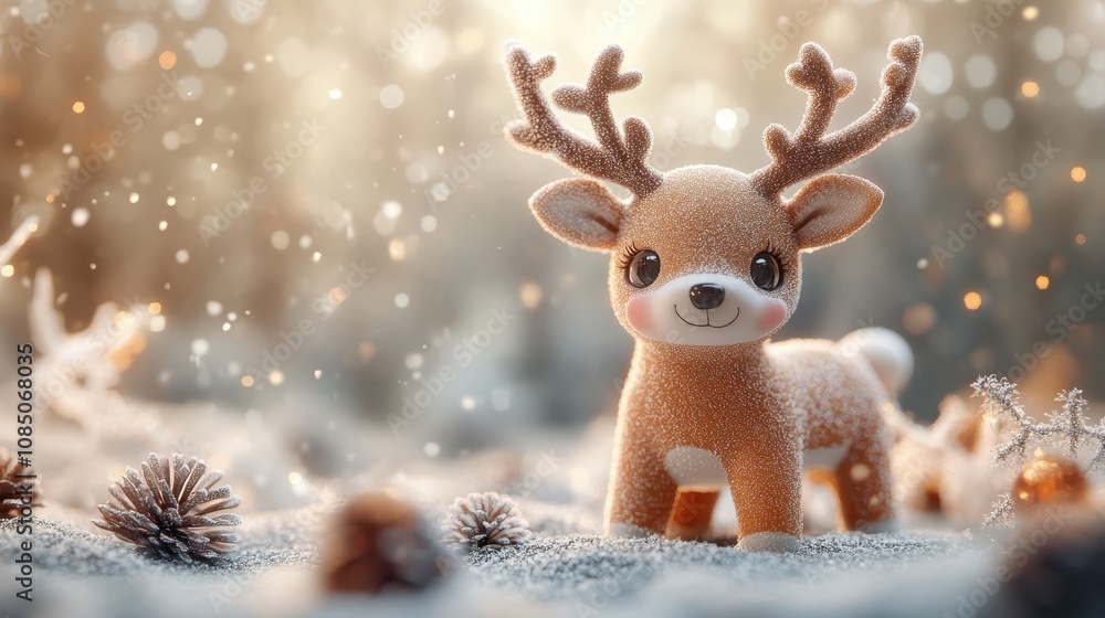 Adorable Toy Reindeer in Winter Wonderland with Snowflakes and Pine Cones in Soft Focus Background Adorable Toy Reindeer in Winter Wonderland with Snowflakes and Pine Cones in Soft Focus Background