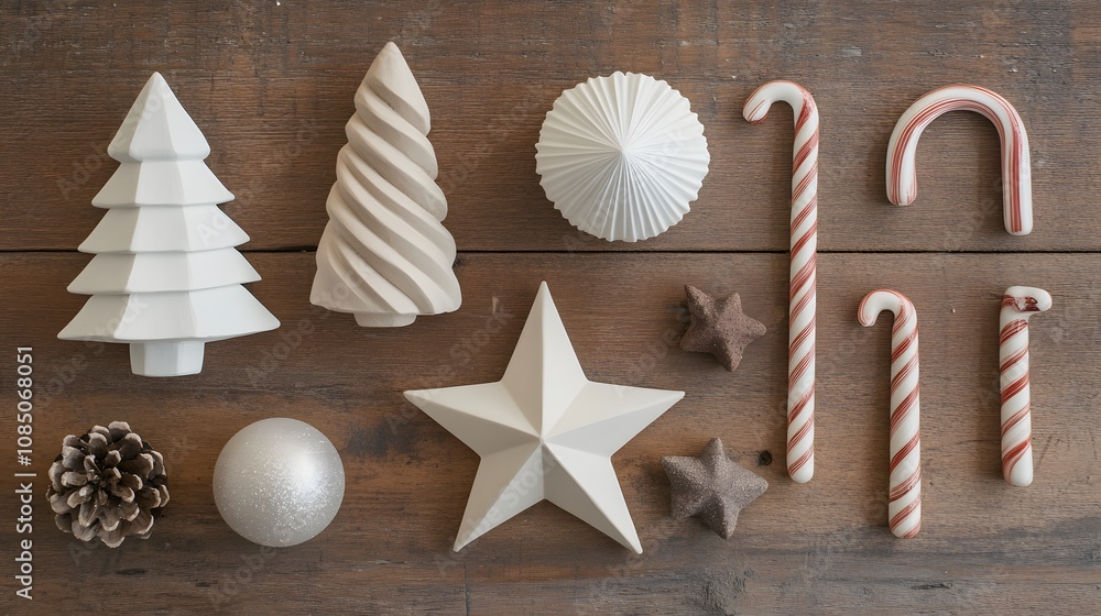 Elegant White and Neutral Christmas Decorations on Wooden Surface, Featuring Trees, Candy Canes, Stars, and Pine Cones for Cozy Holiday Atmosphere Elegant White and Neutral Christmas Decorations on Wooden Surface, Featuring Trees, Candy Canes, Stars, and Pine Cones for Cozy Holiday Atmosphere