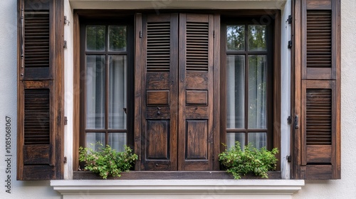 Close-up of classic wooden shutters with a dark stain on a traditional home window