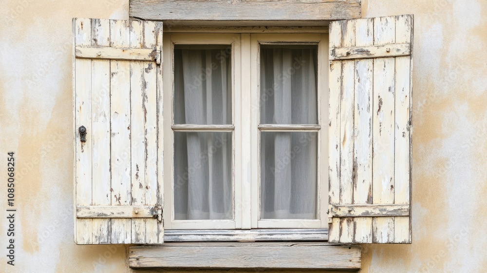 Fototapeta premium Close-up of vintage shutters with distressed paint on an old home window