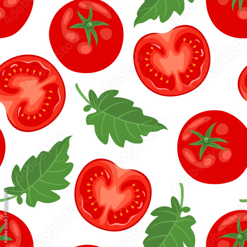 Fresh red tomatoes and green tomatoes leaves seamless pattern. Vector cartoon flat illustration. Vegetables background.