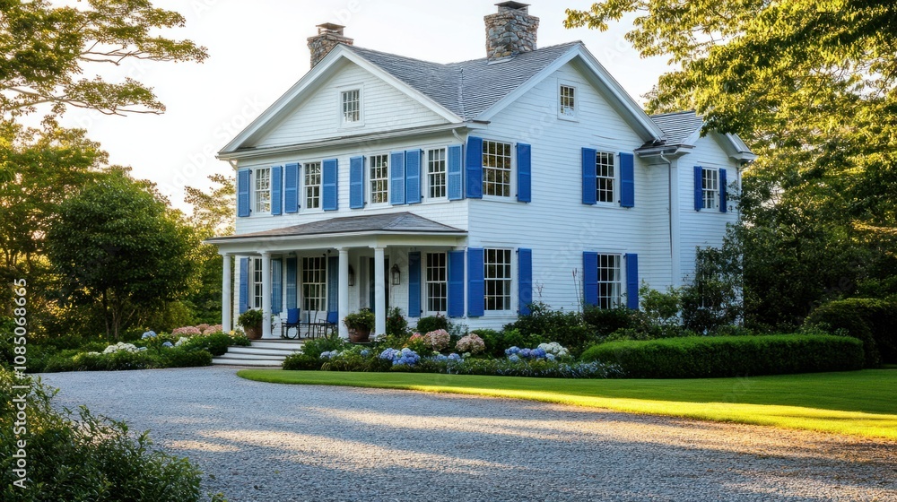 Coastal home with blue shutters, capturing a beachy vibe and relaxed style on white siding Coastal home with blue shutters, capturing a beachy vibe and relaxed style on white siding