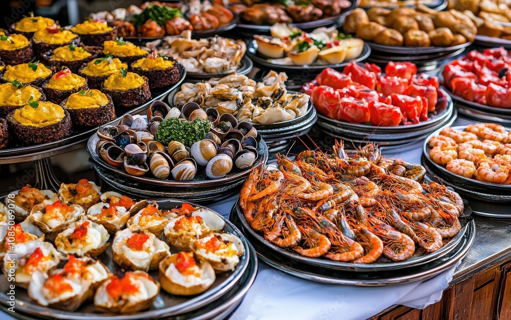 A vibrant buffet table showcasing an array of delicious seafood and appetizers, perfect for a celebratory event or a luxurious catering spread. A vibrant buffet table showcasing an array of delicious seafood and appetizers, perfect for a celebratory event or a luxurious catering spread.