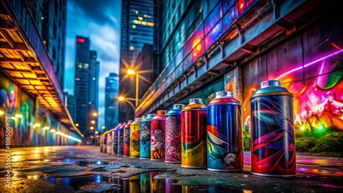 Vibrant Night Photography of Colorful Spray Paint Cans Arranged Outdoors Amidst Urban Backgrounds for Expressive Street Art Inspiration and Creative Aesthetics photo