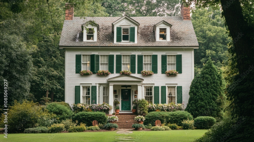 Country house with green shutters, flower boxes, and a charming, welcoming exterior Country house with green shutters, flower boxes, and a charming, welcoming exterior