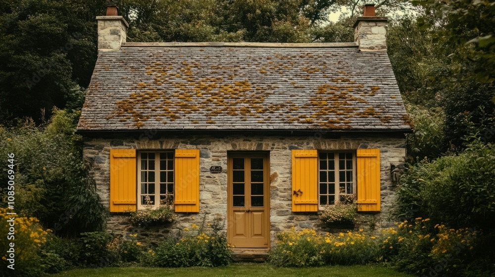 Fototapeta premium Cozy cottage with soft yellow shutters on windows, creating a warm and inviting look