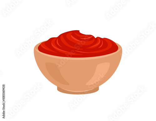 Red tomato sauce in bowl isolated on white background. Vector cartoon flat illustration. Food icon.