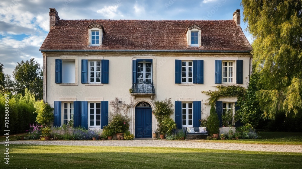 Elegant country home with navy shutters on tall windows, showcasing timeless style