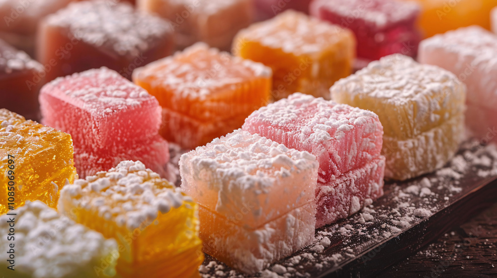 A closeup of assorted Turkish delight cubes dusted with powdered sugar, featuring vibrant colors like pink, yellow, and green, with a background of marble A closeup of assorted Turkish delight cubes dusted with powdered sugar, featuring vibrant colors like pink, yellow, and green, with a background of marble