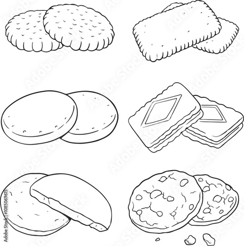 Cookies and biscuits set isolated on white background. Sweet food. Vector hand-drawn illustration in doodle style. Perfect for decorations, logo, menu, various designs. Black and white - Vector set