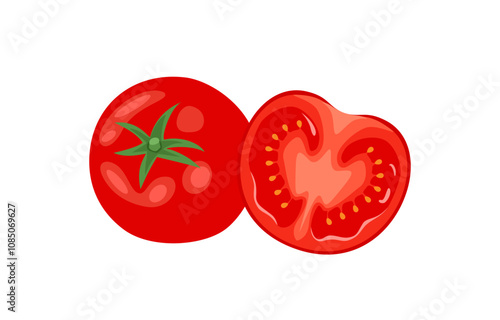 Fresh tomatoes whole and slice. Vector cartoon flat illustration of vegetable. Food icon.