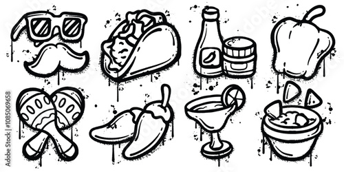 Set of graffiti spray paint mexico traditional food elements vector illustration