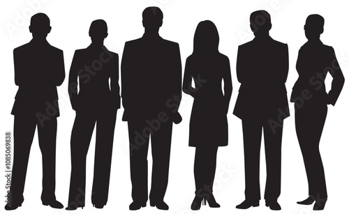 Vector silhouettes of men and a women, a group of standing business people, business team isolated on white background