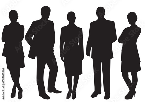 Vector silhouettes of men and a women, a group of standing business people, business team isolated on white background