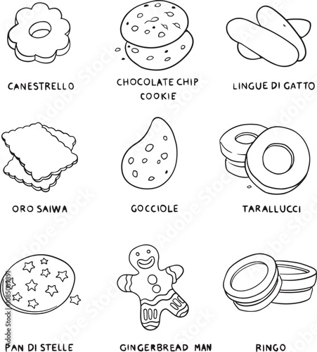 Cookies and biscuits set isolated on white background. Sweet food. Vector hand-drawn illustration in doodle style. Perfect for decorations, logo, menu, various designs. Vector set