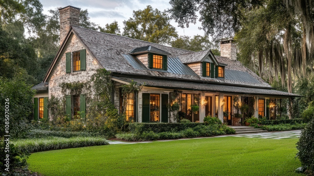 Farmhouse with rustic green shutters on windows, blending charm with a touch of nature Farmhouse with rustic green shutters on windows, blending charm with a touch of nature