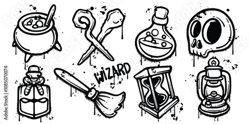 Set of graffiti spray paint wizard elements vector illustration