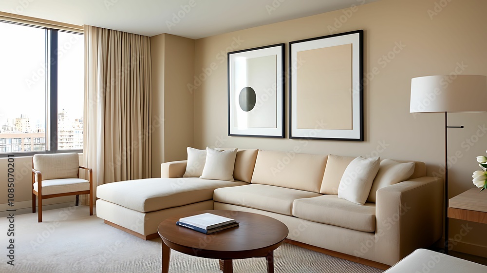 Modern living room, neutral tones, beige sofa. A modern, cozy living room featuring a beige couch, a wooden table, and minimalist decor, with ample natural light from large windows. Modern living room, neutral tones, beige sofa. A modern, cozy living room featuring a beige couch, a wooden table, and minimalist decor, with ample natural light from large windows.