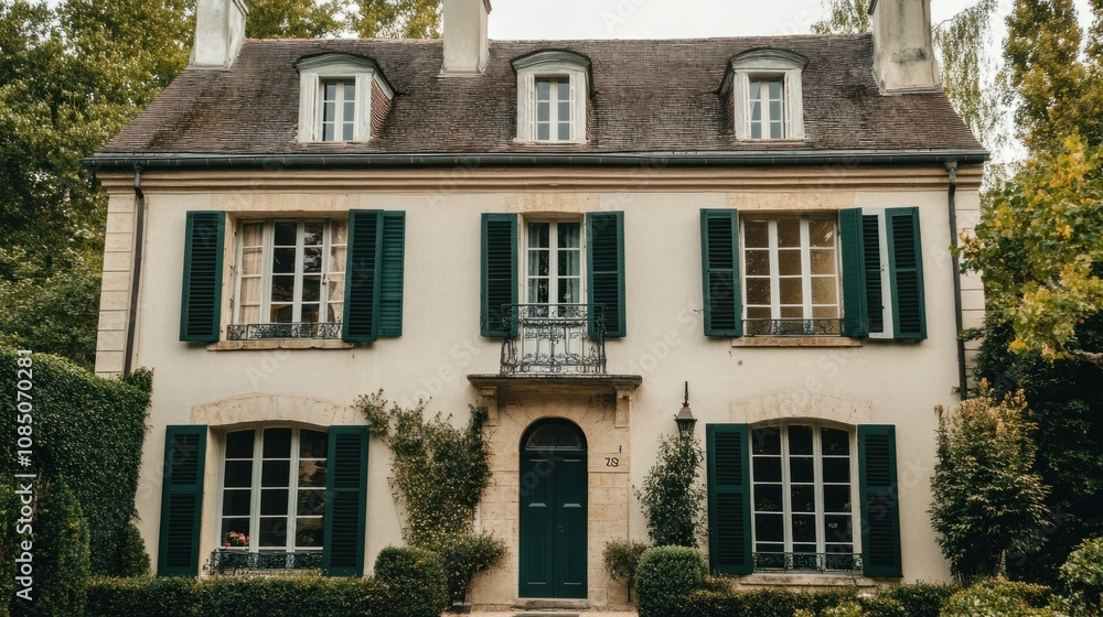 Fototapeta premium French country home with dark green shutters, adding an elegant touch to classic architecture