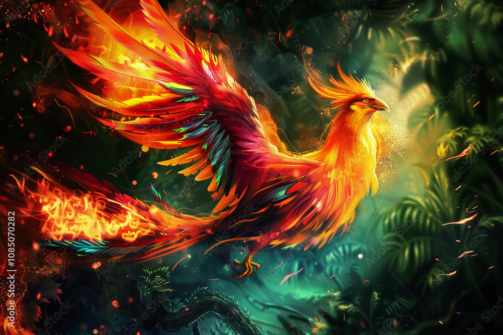 Obraz premium Fantastically beautiful mythological bird phoenix from bright fire