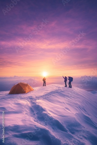 Sunrise Adventure: Three Climbers Celebrate on Snow-Capped Mountain Peak with Tent Under Vibrant Purple and Orange Sky, Capturing the Spirit of Exploration.