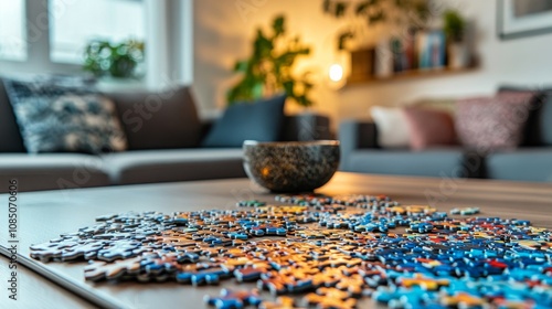 A tidy puzzle workspace with puzzle pieces and a partially completed puzzle neatly arranged on a table, A cozy room with soft ambient lighting and comfortable seating, Minimalist recreational style