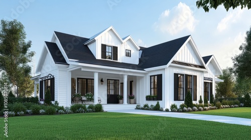 Modern farmhouse with black shutters on white siding, a bold and clean exterior design