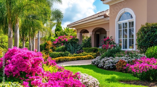 Lush garden with vibrant flowers and a beautiful home entrance.