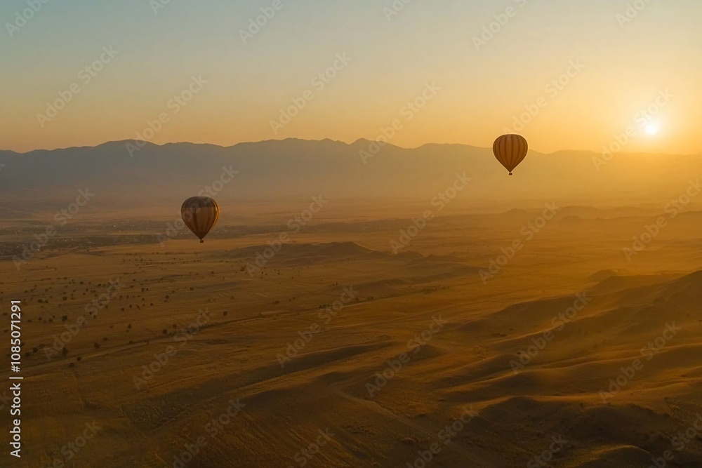 Fototapeta premium Soaring Above the Desert: A Serene Hot Air Balloon Sunset Experience