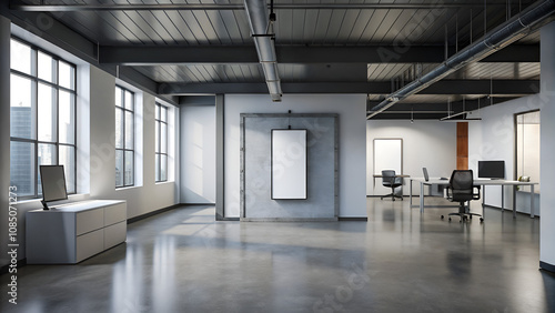 open space office featuring a large white wall, concrete floors, black frames, a mockup of a blank a2 poster, and scattered desks under industrial lights.