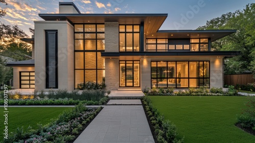 Modern house with sleek black shutters on large windows, adding a touch of elegance to the facade photo