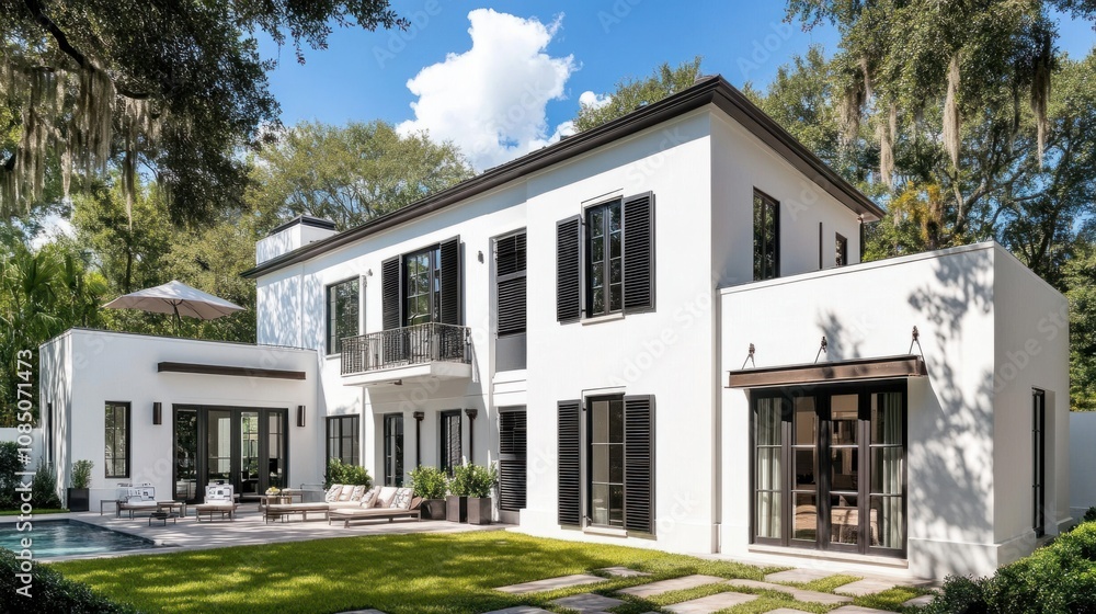 Modern white house with charcoal shutters on windows, adding a sleek contrast to the facade Modern white house with charcoal shutters on windows, adding a sleek contrast to the facade
