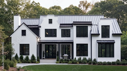 Modern white house with charcoal shutters on windows, adding a sleek contrast to the facade