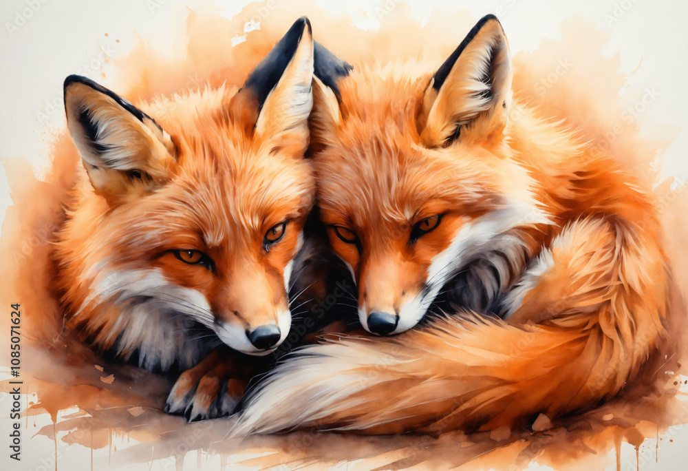 Fototapeta premium Two foxes cuddling with soft fur in artistic style