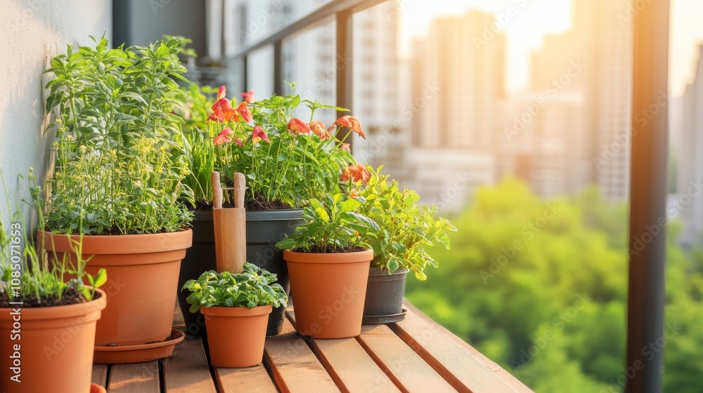 A tidy urban gardening balcony, Pots, soil A tidy urban gardening balcony, Pots, soil