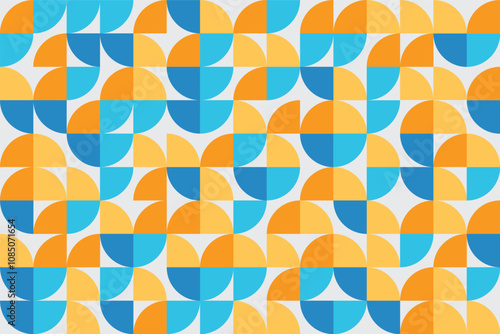 Arrangement of quarter circle pieces in blue orange and yellow colors. Abstract geometric pattern background.