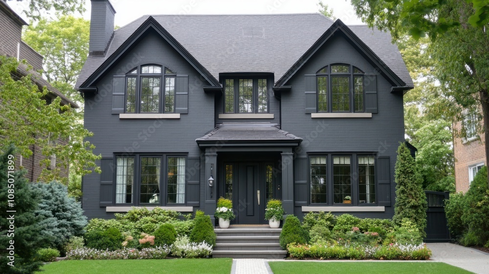 Stylish gray house with matching gray shutters, creating a monochrome and modern look Stylish gray house with matching gray shutters, creating a monochrome and modern look