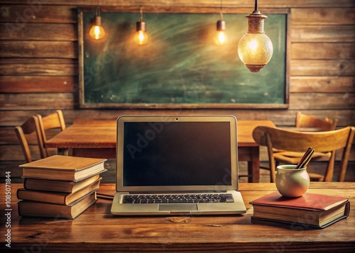 Vintage Style Photography Depicting the Concept of Learning Management Systems with Books, Laptops, and Old-School Classroom Elements for Educational Environments photo