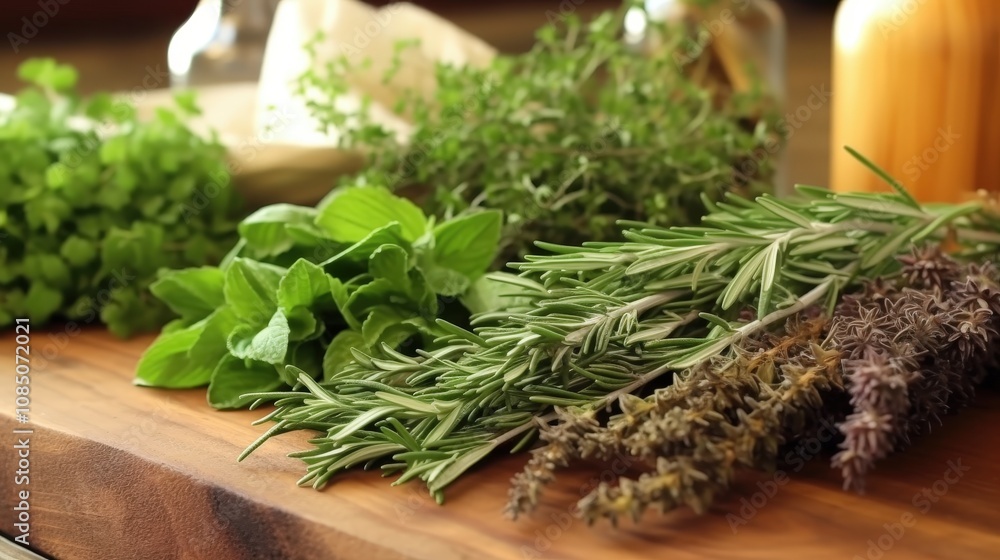 Fresh Herbs on Wooden Cutting Board