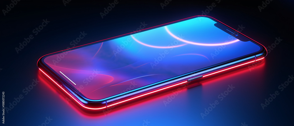 A mobile smartphone displayed with dark red and blue neon colors, set against a futuristic, glowing mock-up background. A mobile smartphone displayed with dark red and blue neon colors, set against a futuristic, glowing mock-up background.