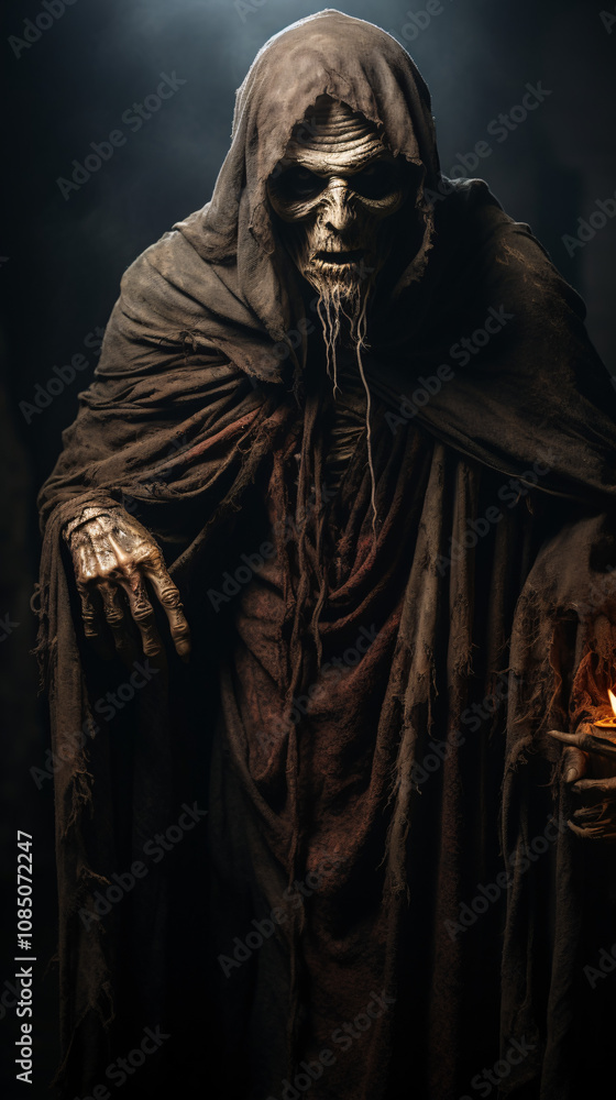 Naklejka premium A medium shot of a scary character posing, with an eerie expression and dramatic lighting, creating a chilling atmosphere.