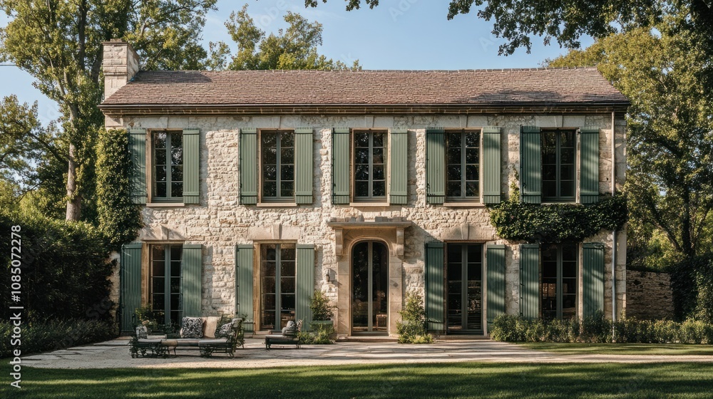 Fototapeta premium Traditional home with green wooden shutters on windows, creating a rustic and welcoming style