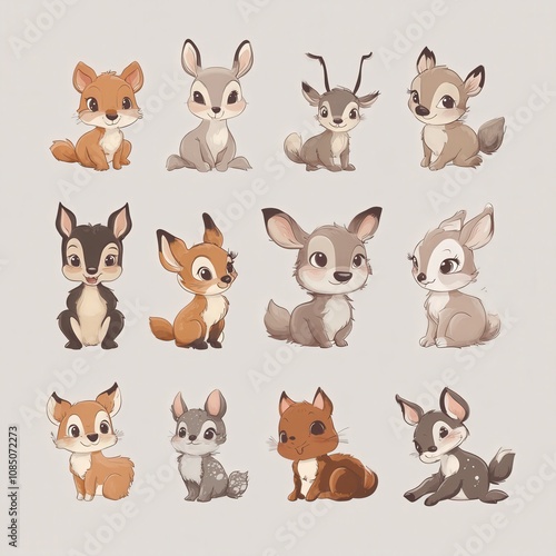 Adorable collection of twelve cute cartoon forest animals including deer, rabbits, and foxes, perfect for children's book illustrations or whimsical designs.