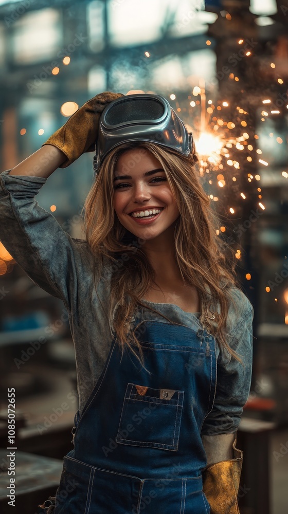 Fototapeta premium A woman in overalls, smiling while holding her welder mask on her head with one hand . The background features sparks from burnt steel 