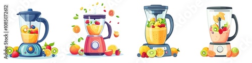 Colorful blenders with various fruits and smoothies in different styles. isolated white background photo