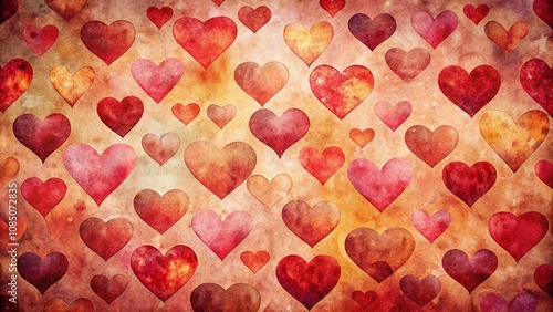 Vintage Style Photography of a Vibrant Watercolor Heart Pattern in Various Shades of Red and Pink on a Textured Background for Romantic and Artistic Themes