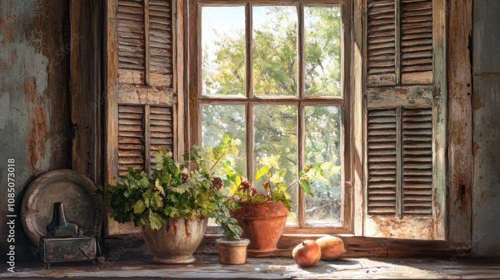 Window with rustic shutters on a farmhouse, adding a charming vintage touch to the home Window with rustic shutters on a farmhouse, adding a charming vintage touch to the home