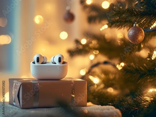 Stylish wireless earbuds resting on a wrapped gift box surrounded by festive lights and a beautifully decorated Christmas tree in a cozy setting photo